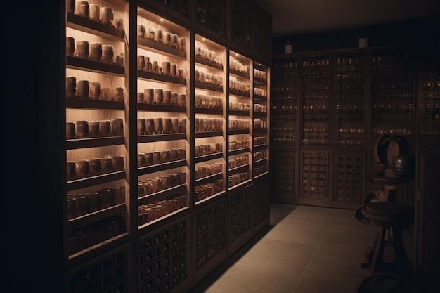 A dark room with many bottles of wine and a man sitting in the back.