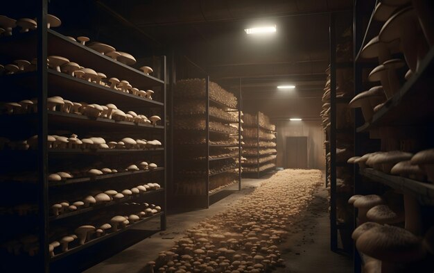 A dark room with many boxes of potatoes and a light on the ceiling.