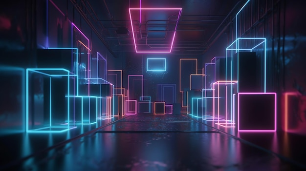 A dark room with neon boxes and a blue box on the floor.