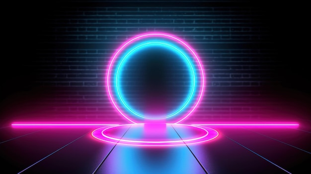 A dark room with a neon circle and a pink and blue light.