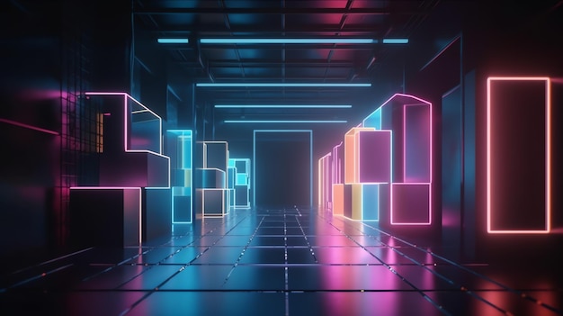 A dark room with neon cubes and a door that says neon on it.