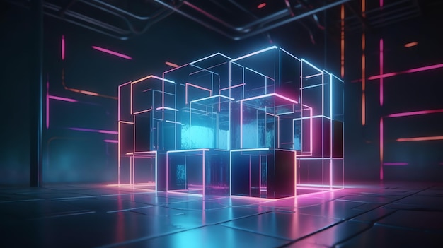 A dark room with a neon cubes in the middle.