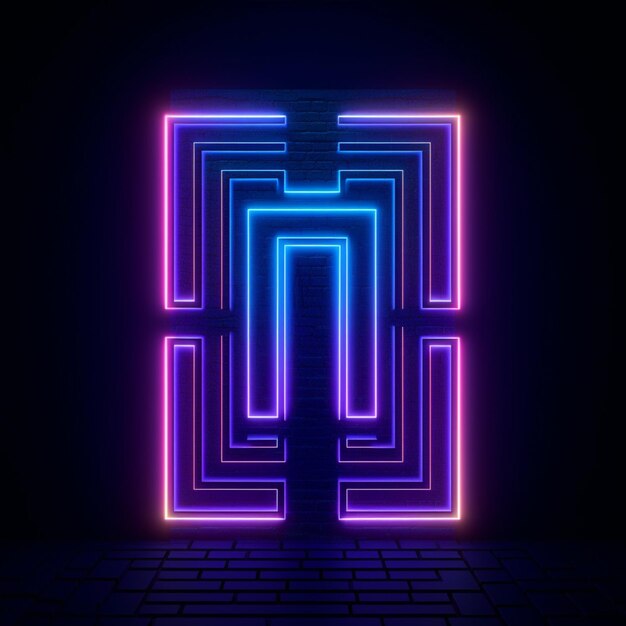 a dark room with a neon door and a brick floor generative ai