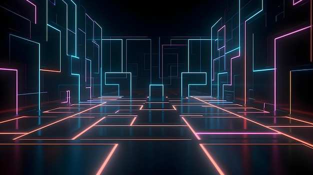 A dark room with a neon light and a square floor
