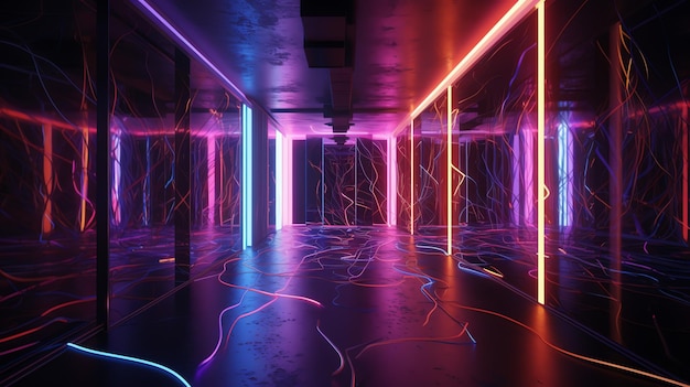 A dark room with neon lights and a black floor.