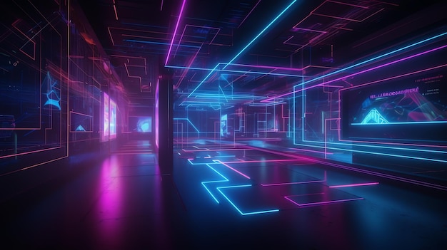 A dark room with neon lights and a black floor.