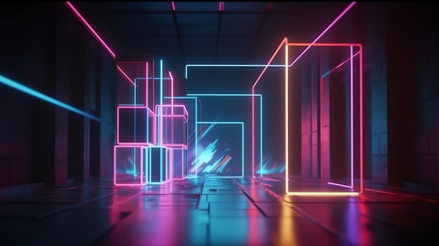 Premium AI Image | A dark room with neon lights and a black floor.