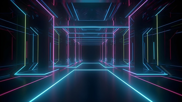 A dark room with neon lights and a blue and pink background