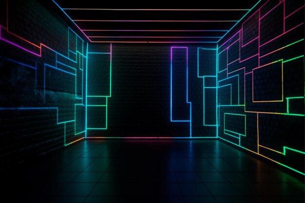 A dark room with neon lights and a brick wall neon wall background