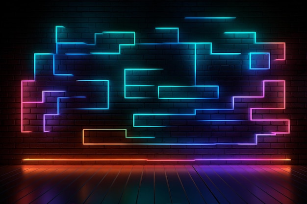 A dark room with neon lights and a brick wall neon wall background