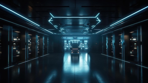 A dark room with neon lights and a bus in the middle.