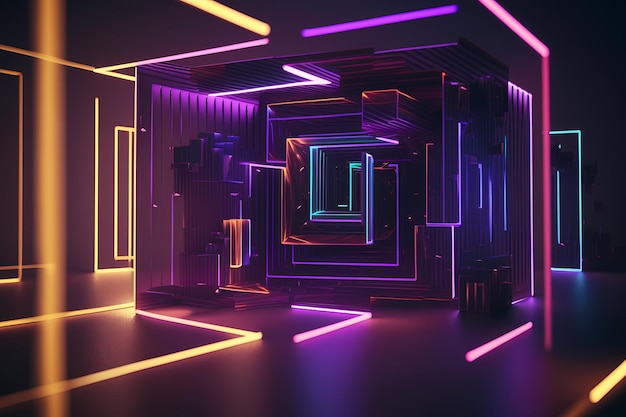 A dark room with neon lights and a cube in the middle