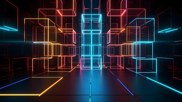 A dark room with neon lights and a cubes.