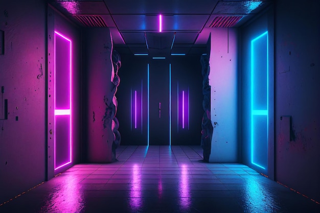 A dark room with neon lights and a door that says'neon '