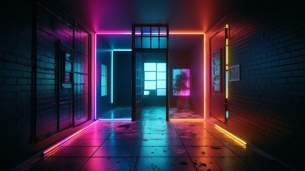 A dark room with neon lights and a door that says'the word'on it '