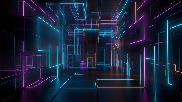 A dark room with neon lights and a door