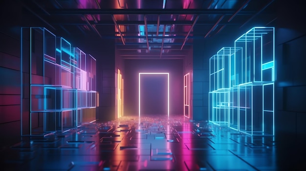 A dark room with neon lights and a door