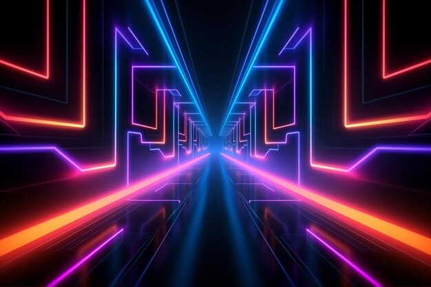 a dark room with neon lights and a long corridor generative ai