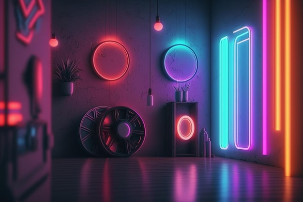 A dark room with neon lights and a plant