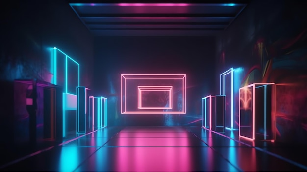 A dark room with neon lights and a row of cubes