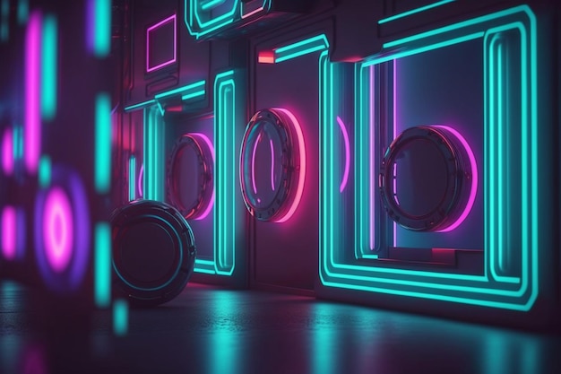A dark room with neon lights and a row of mirrors.