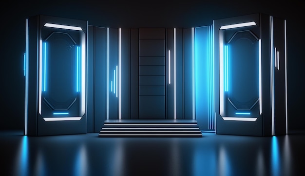 A dark room with neon lights and a set of doors