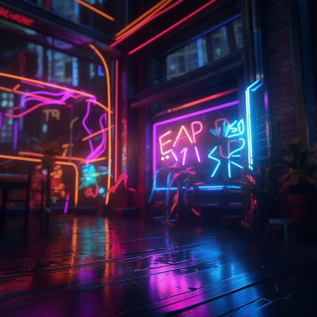 A dark room with neon lights and a sign that says'eap '