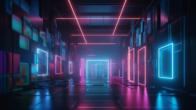 A dark room with neon lights and a sign that says'neon '
