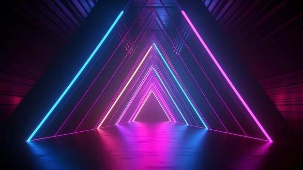 Dark room with neon lights and triangular floor ideal for futuristic mysterious or scifi design projects needing an edgy vibe