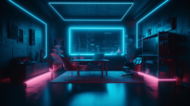 A dark room with neon lights on the walls and a table with a chair on it.