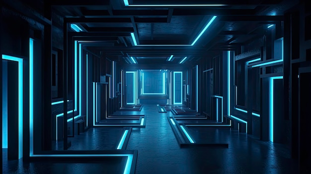 A dark room with neon lights on the walls