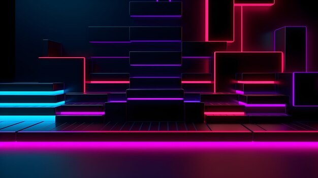 A dark room with a neon scene and a set of stairs