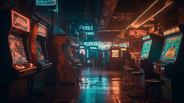 A dark room with a neon sign that says'cyberpunk '