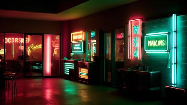 Photo a dark room with neon signs that say'rsa'on it