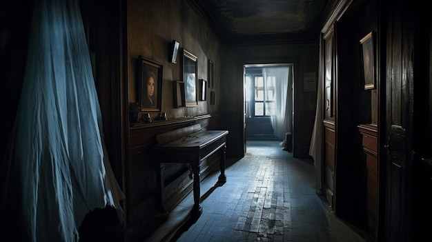 A dark room with a painting on the wall and a picture of a man on the wall.