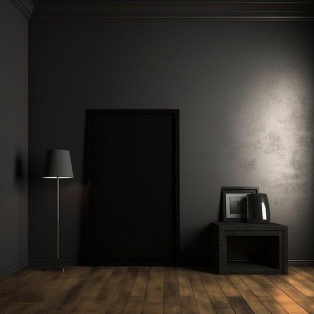 A dark room with a picture frame and a lamp on the floor.
