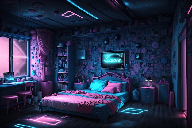 A dark room with a pink and blue neon light that says'cyberpunk '