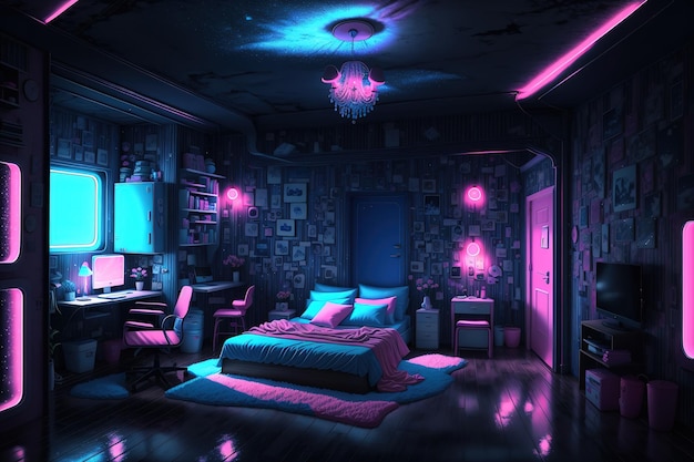 A dark room with a pink and blue neon light that says'cyberpunk '