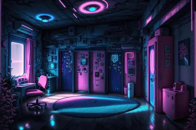 A dark room with a pink and blue neon light that says'cyberpunk '