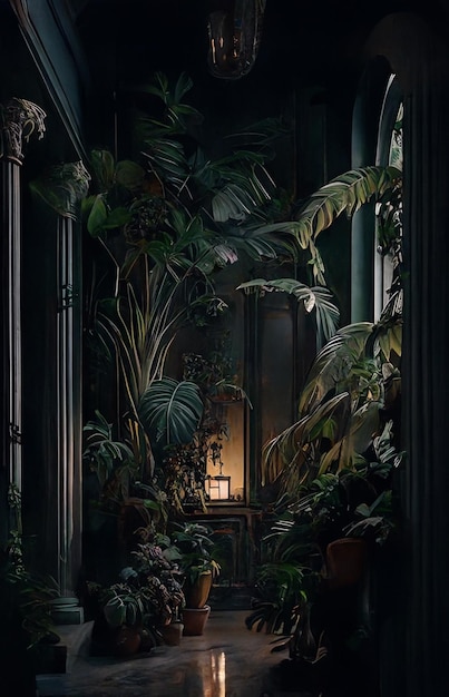 A dark room with plants on the floor and a lamp on the wall.