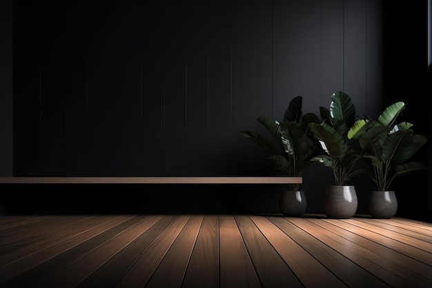 A dark room with plants on the floor