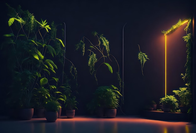 A dark room with plants and a lamp.