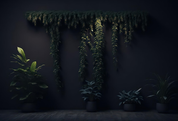 A dark room with plants and a lamp