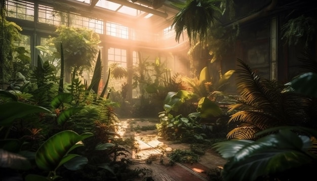 A dark room with plants and a sun shining through the window.