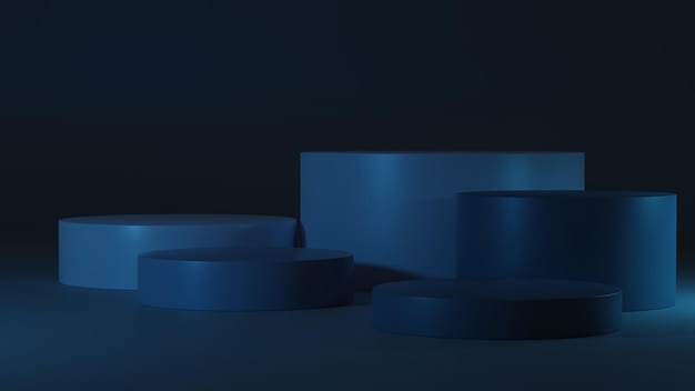 Photo dark room with podiums in the center and blue highlights and illumination 3d illustration