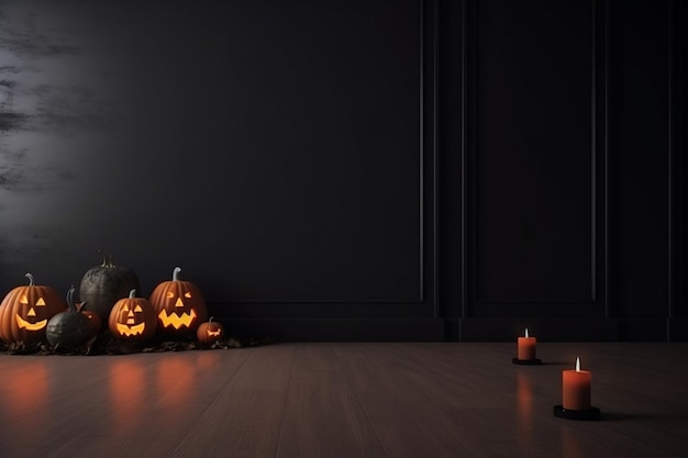 A dark room with pumpkins and candles on the floor.