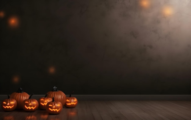 A dark room with pumpkins on the floor