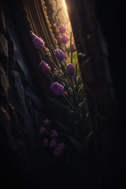 A dark room with purple flowers and a light shining on the ground