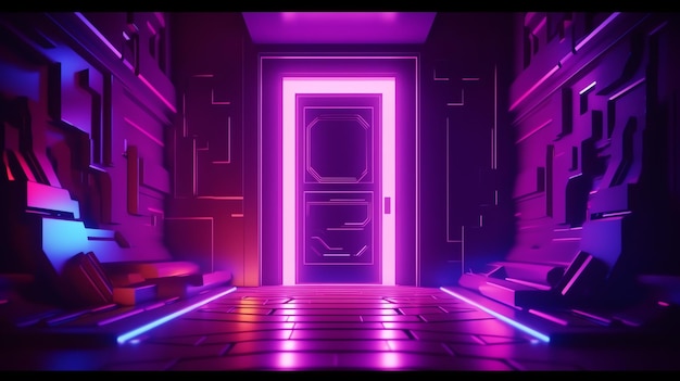 A dark room with a purple light that says'the door to the left '