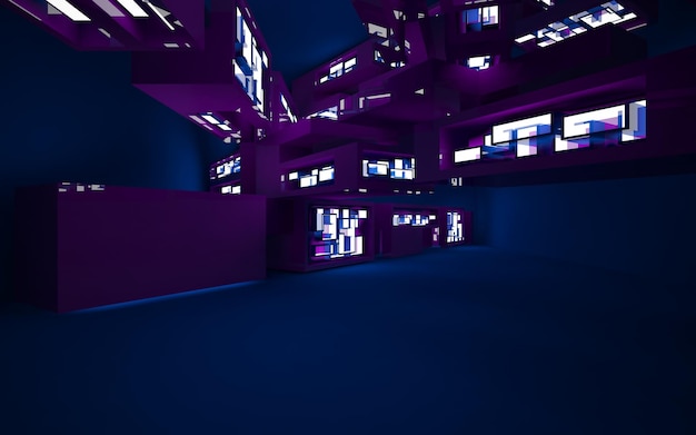 A dark room with a purple wall and windows that say's'the time of the year '